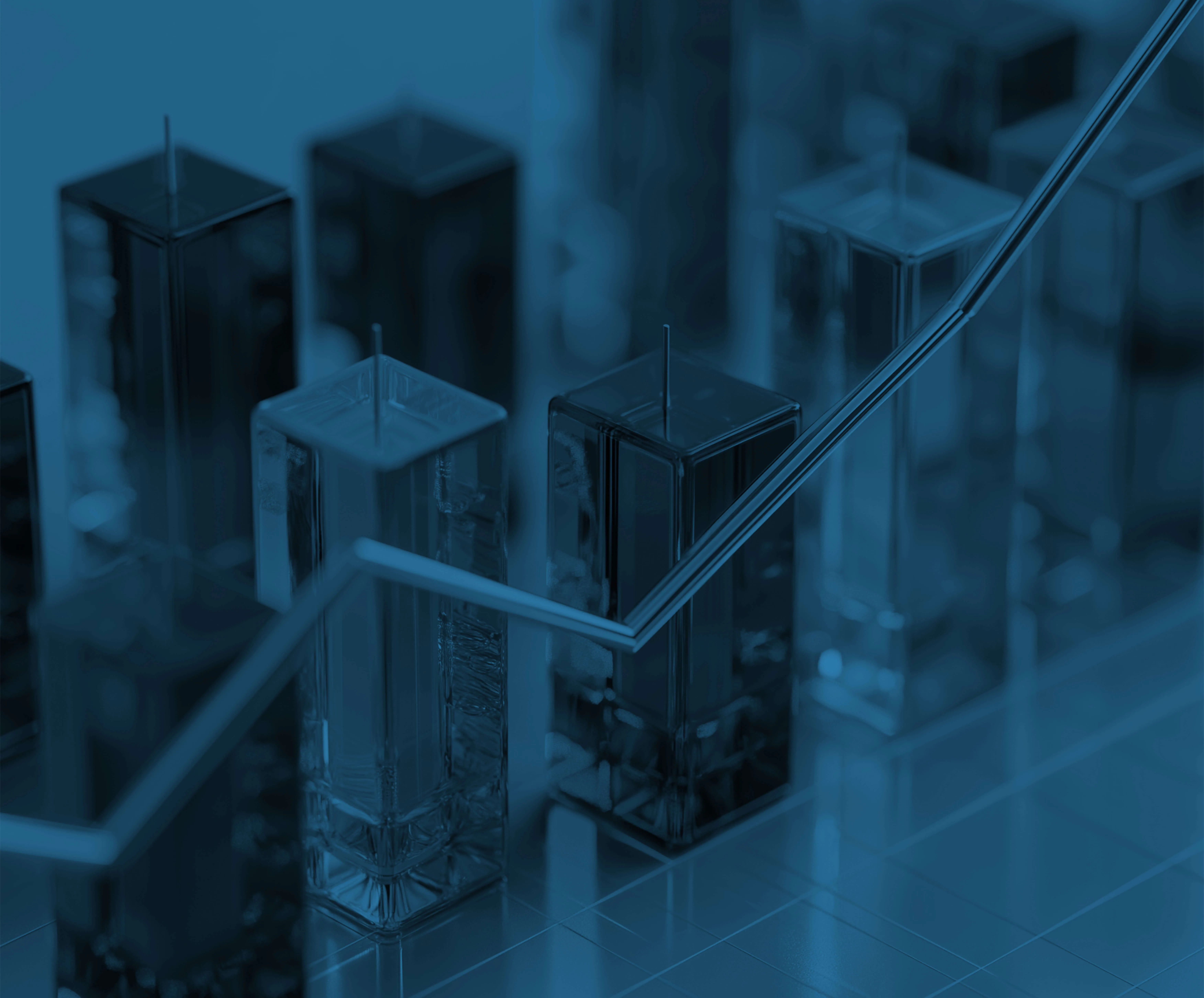 3D glass columns in the foreground and background representing a chart with a zig zag line in front of them. The image has a blue overlay, giving the image a blue tint.