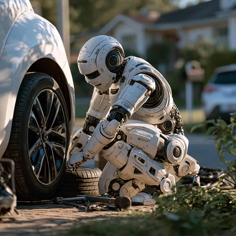 Sleek white humanoid robot changing a car tyre outside a house- controlled by an app from a Robot app store.