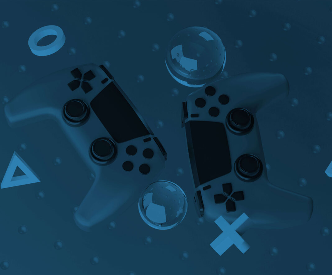 Two float gaming controllers with black buttons on a dimpled background with Bubbles and shapes floating around them. The image has a blue overlay, giving the image a blue tint.